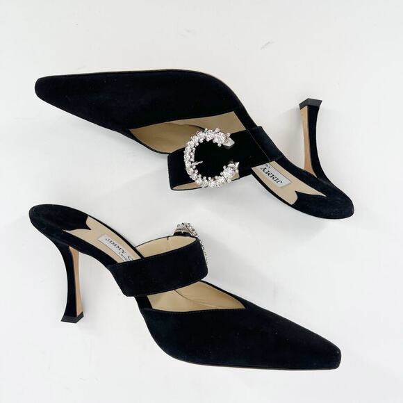 Jimmy Choo Black Suede Marta 90 Crystal Embellished Pointed Toe Mule Heel IT 40 - Picture 3 of 11